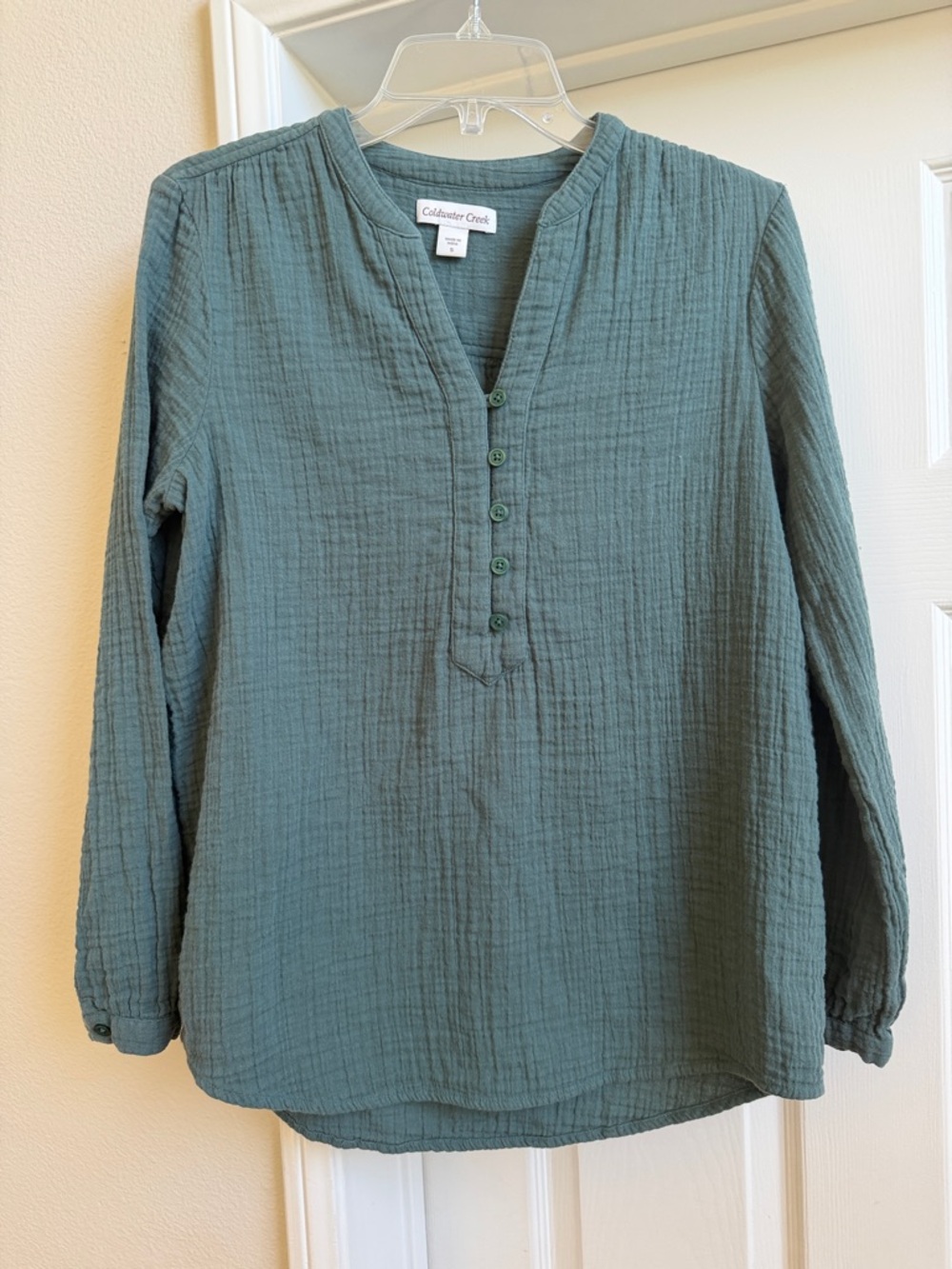 Coldwater Creek Green Button-Up Textured Henley Tunic 100% Cotton EUC